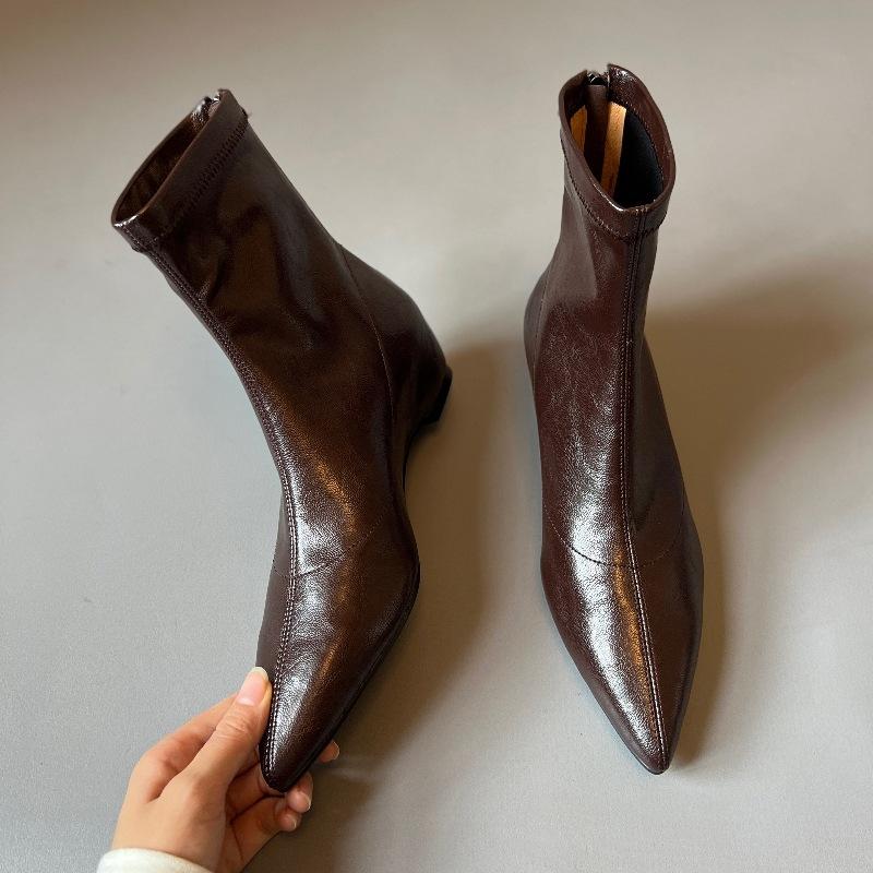 SIXWOO commuter inner height gain slim boots 4.5cm pointed soft leather elastic boots rear zipper wedge heel boots new