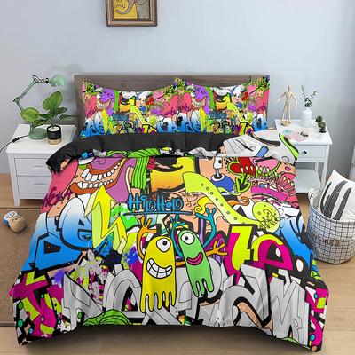 Parure de lit graffiti, housse de couette graphique, pour adolescents et adultes, hip-hop, hippie, mur, art urbain, housse de couette en polyester