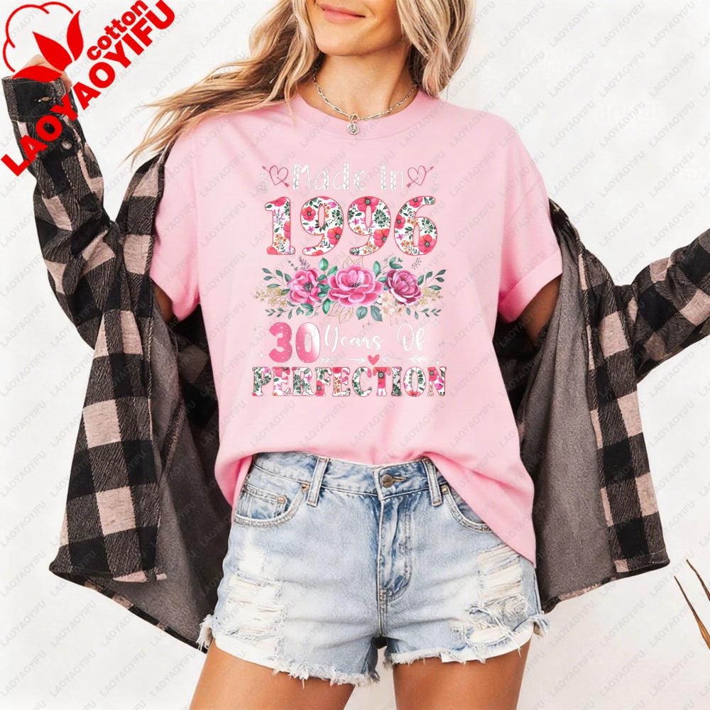 Made in 1996 T Shirt Women 30 Years of Perfection Floral Graphic Tee 30th Birthday Gift Cotton Short Sleeve O Neck Tops