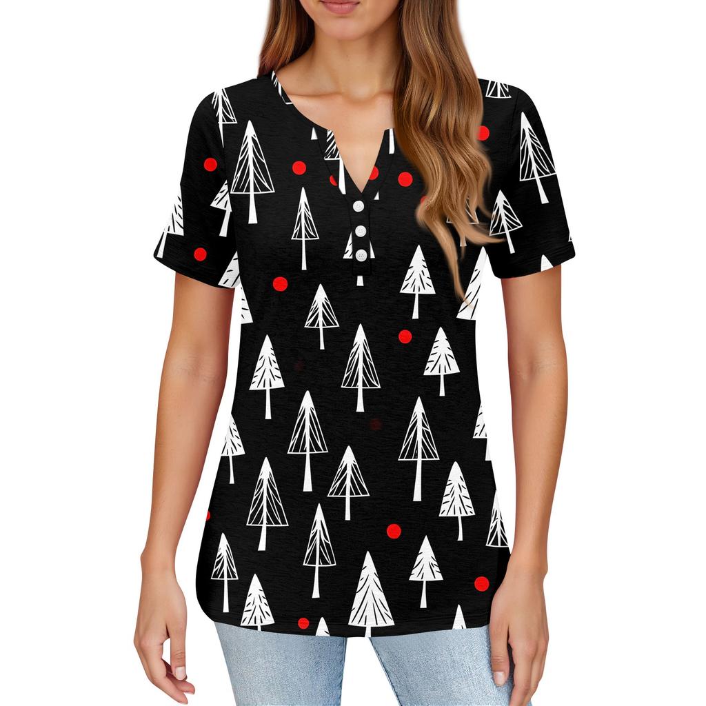 Dámské tričko Vánoční potisk Knoflík Krátký rukáv Denní Víkendová Móda Základní Véčkový výstřih Běžný Top