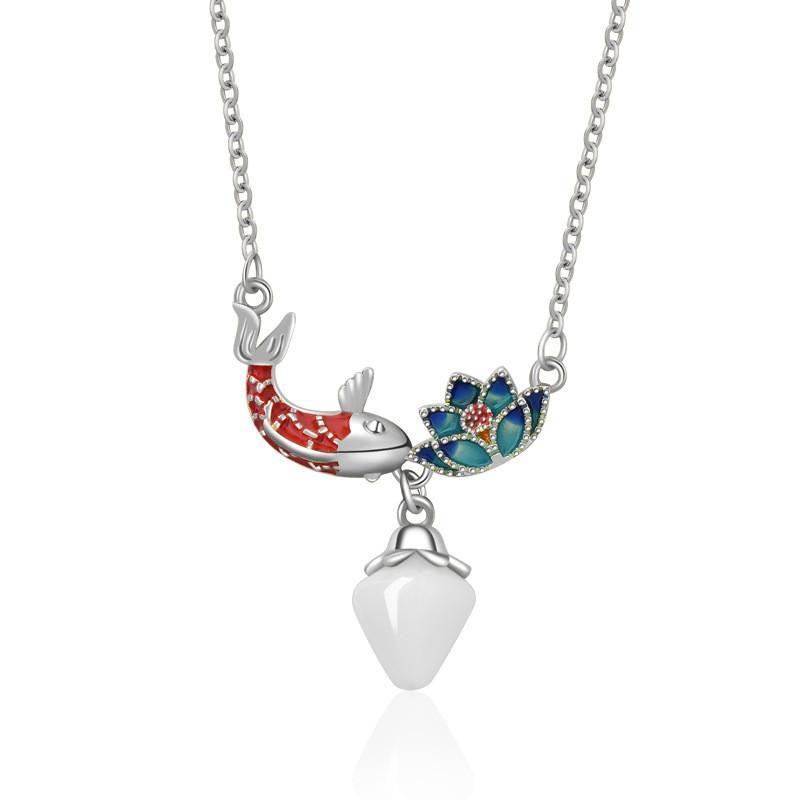 Floral Design Exquisite Koi Lotus Pendant Necklace For Women In Gold And Colors Silver