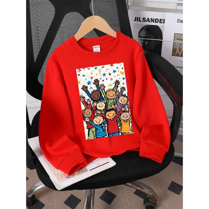 European Sizes Kids' Playful Party Print Round-Neck Hoodie - Soft Casual & Sportswear, Playdates & Casual Attire - Comfortable Children's Pullover