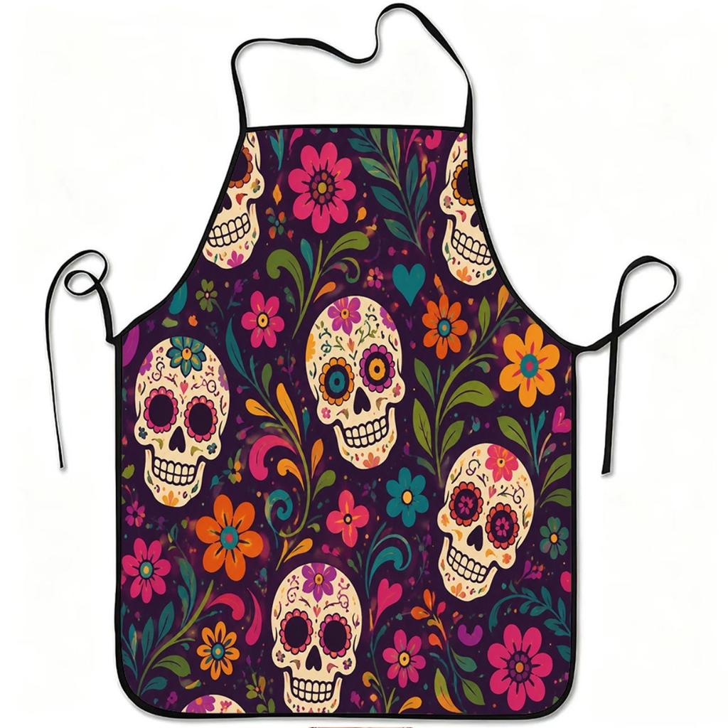1pc Colorful Candy Skull Floral Print Apron, Suitable for Kitchen Cooking, Gardening, Orchard Picking, Christmas, Halloween