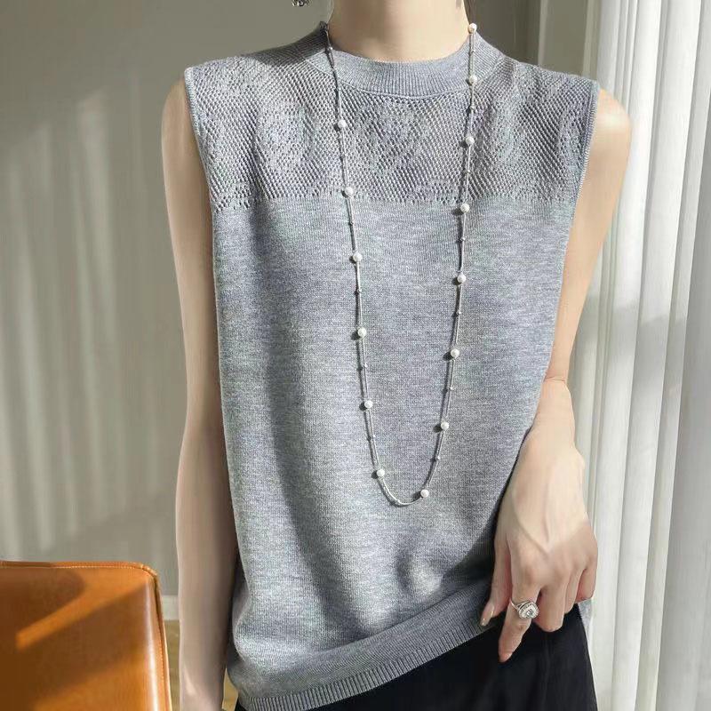 Women's 2024 Spring Ice Silk 3D Crochet Knit Vest – Loose, Round Neck, Short Style