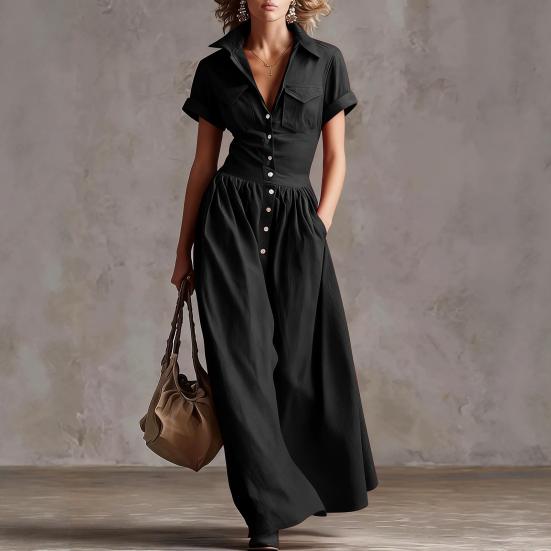Women Casual Button Down Shirt Dress, Short Sleeve Long Western Cowgirl Dress, Summer Flowy A-Line Maxi Dress with Pockets