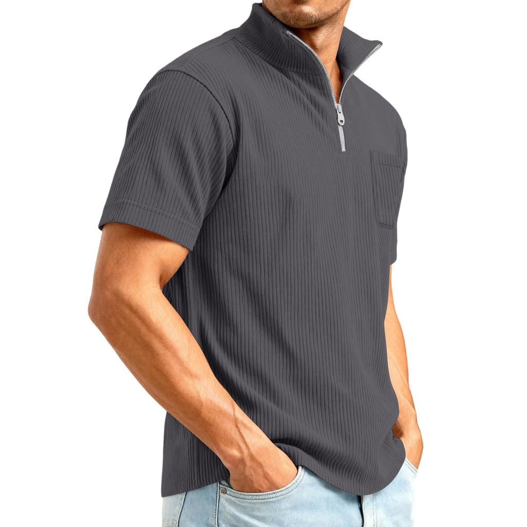 Men's 1/4 Zip Corduroy Short Sleeve Top | Loose Fit Fashion Casual Pullover For Daily Wear