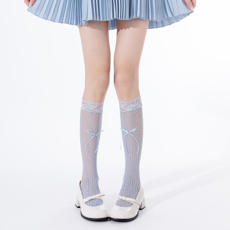 

Женские весенне-летние тонкие носки-гольфы с бантом в рубчик 1 pair синий