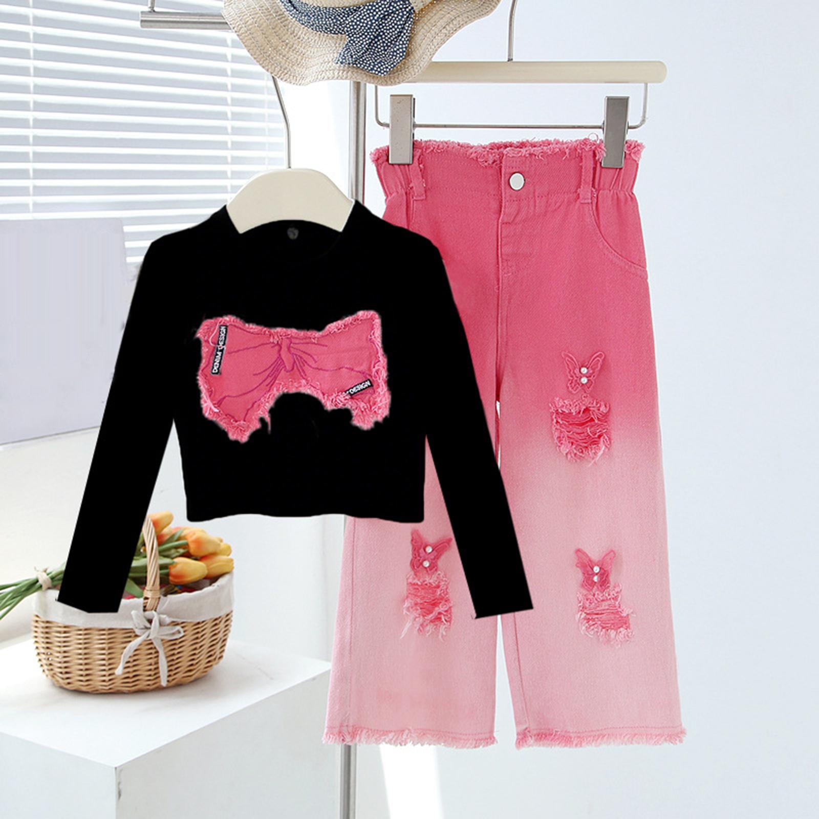 

Girls Fashion Long-Sleeved Distressed Denim Two-Piece Set For Older Children 110 чёрный