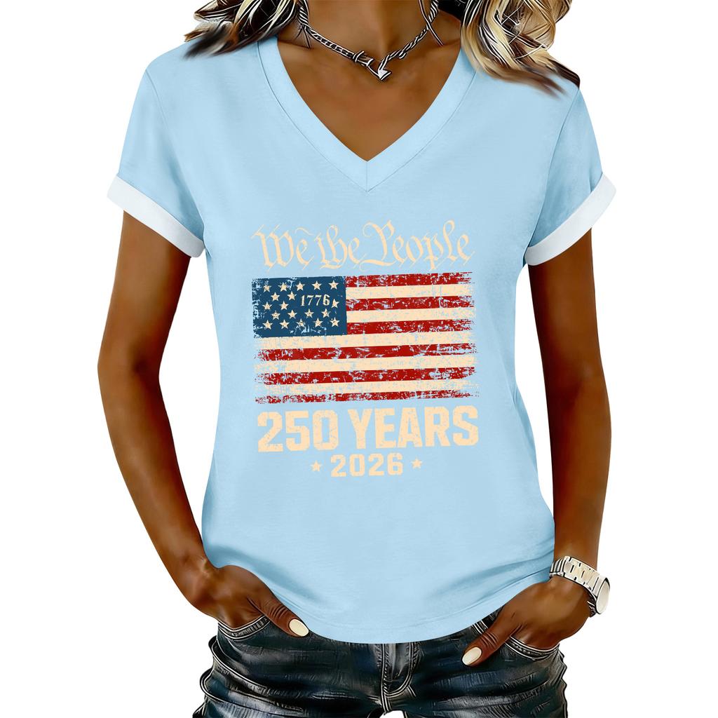 Women's Casual Printed T-Shirt V Neck Pullover Short Sleeve Top