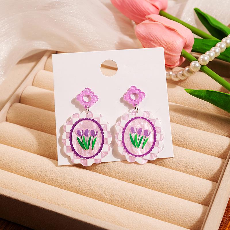 Silver Needle Exquisite Pink Tulip Floral Stud Earrings for Women - Sweet Romantic Jewelry
