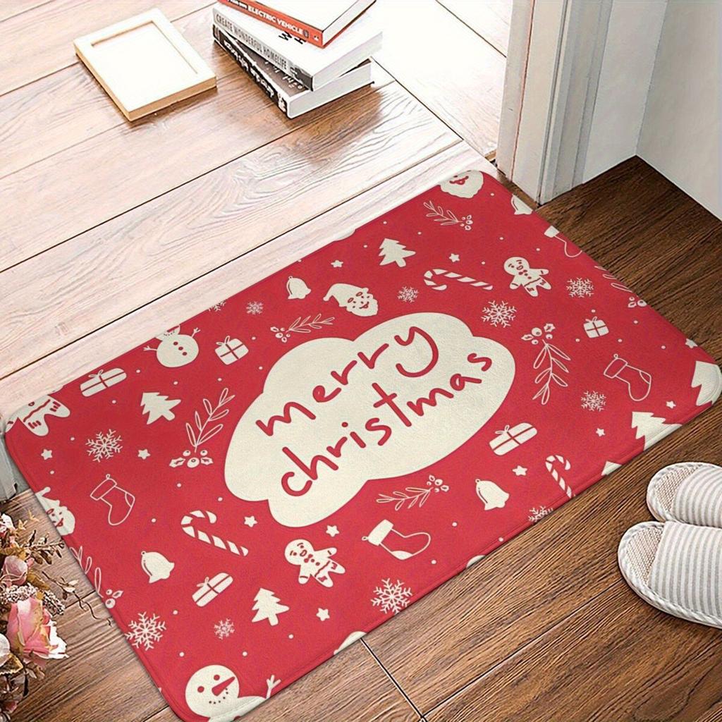 Festive Cherry Red Christmas Doodle Non-Slip Doormat - Machine Washable Lightweight Polyester Mat with Rubber Backing, Irregular