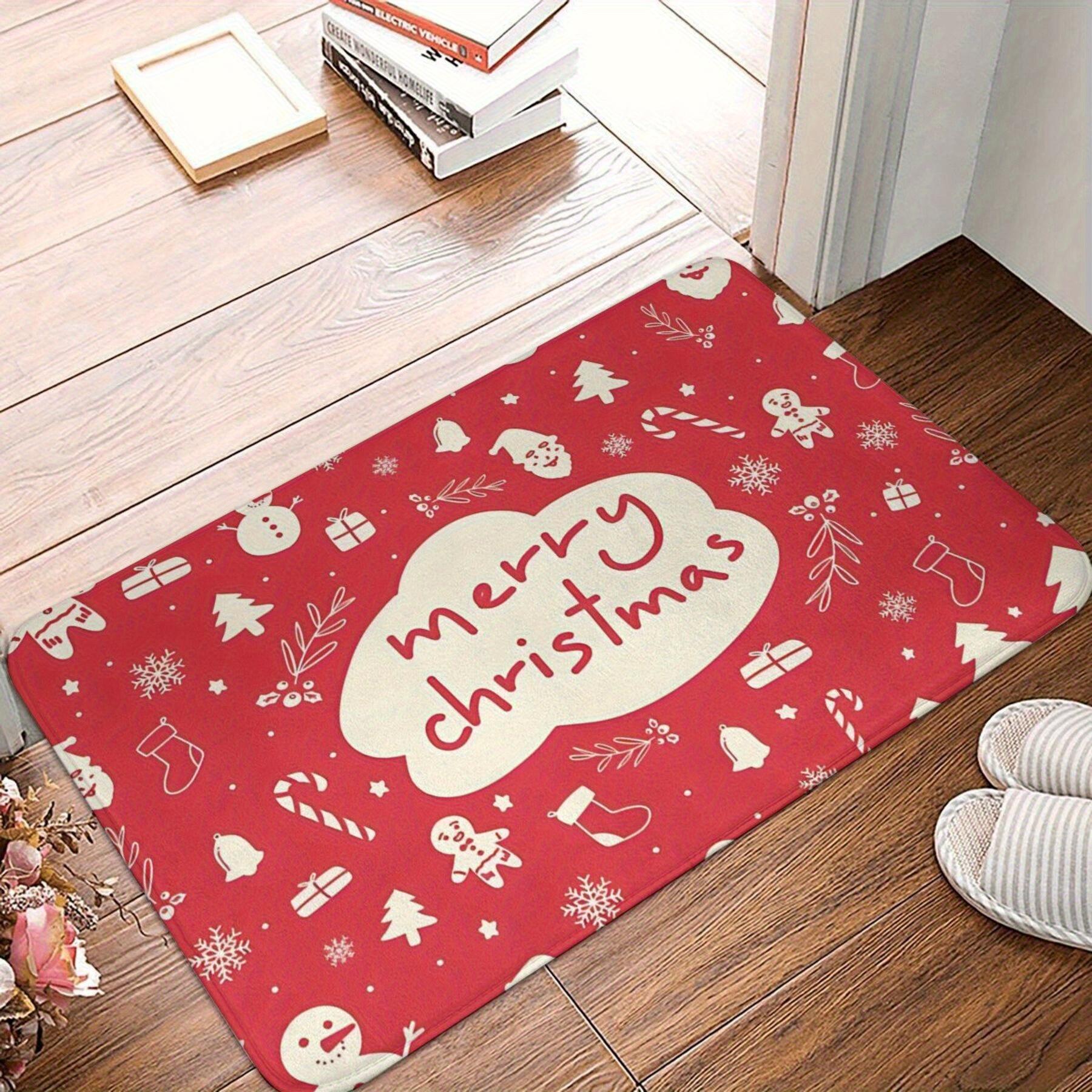 

Festive Cherry Red Christmas Doodle Non-Slip Doormat - Machine Washable Lightweight Polyester Mat with Rubber Backing, Irregular 40x60cm