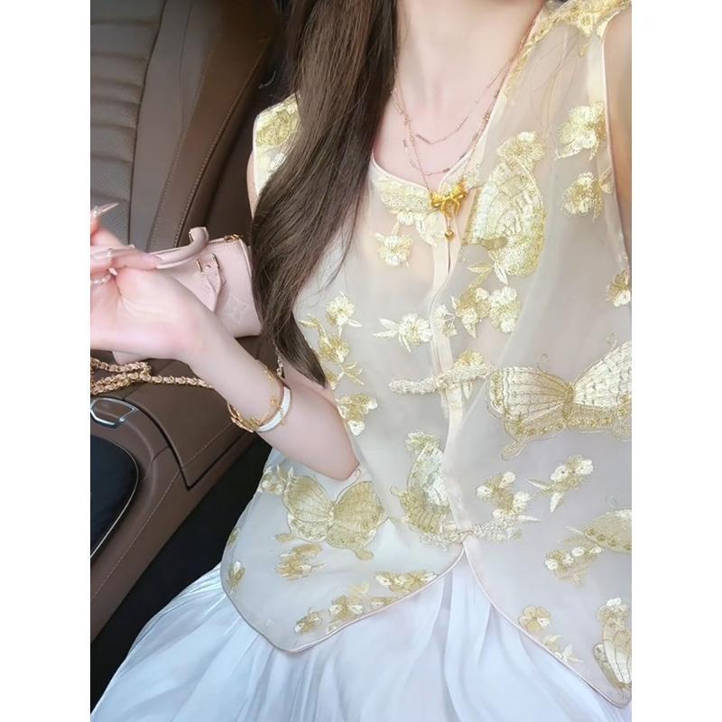 Embroidered sleeveless shirt women's summer luxury high sense 2025 vest vest top