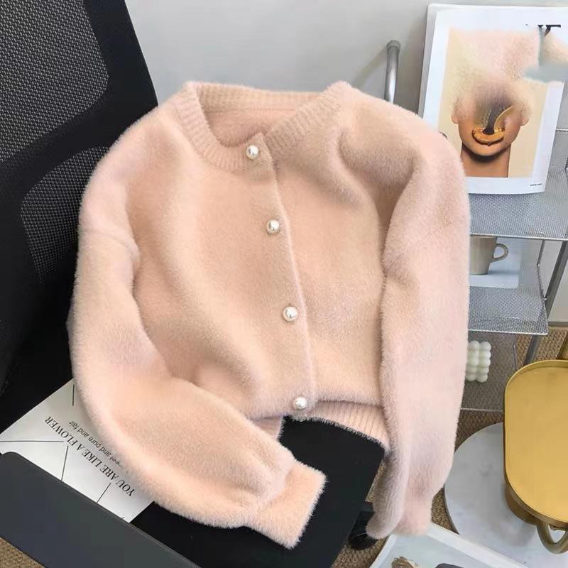 Simple O-neck Single-breasted Imitation Mink Velvet Knitted Sweater Casual Loose Soft Pearl Buttons Cardigan Women