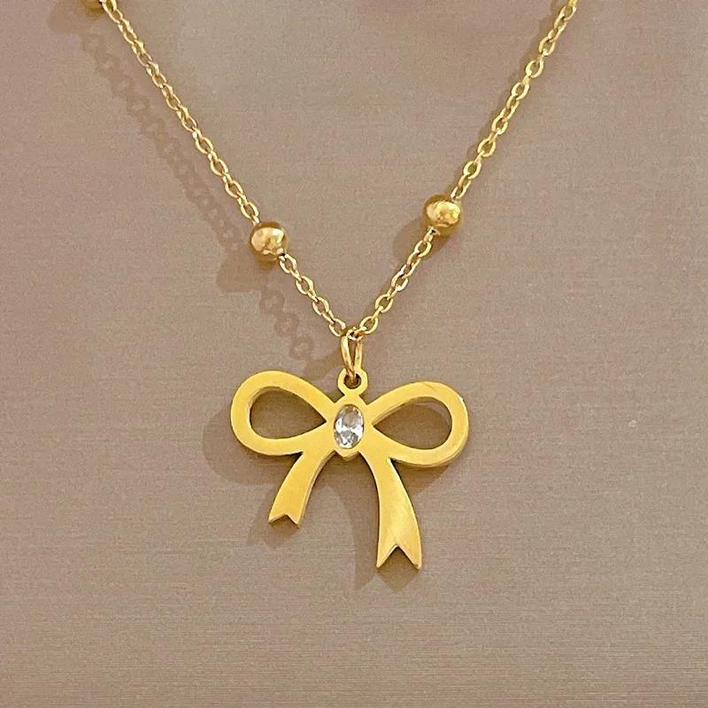 L316 Stainless Steel Beads Chain Hollow Bowknot Pendant Necklace for Women Niche Simple Jewery Accessory