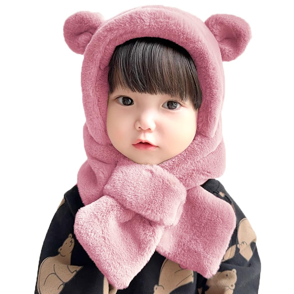 

KAKELO KAKELO Winter Fur Knit Hat with Fluffy Bear Animal Design for Babies and Kids Hat, Scarf, Ears, (Pink) розовый