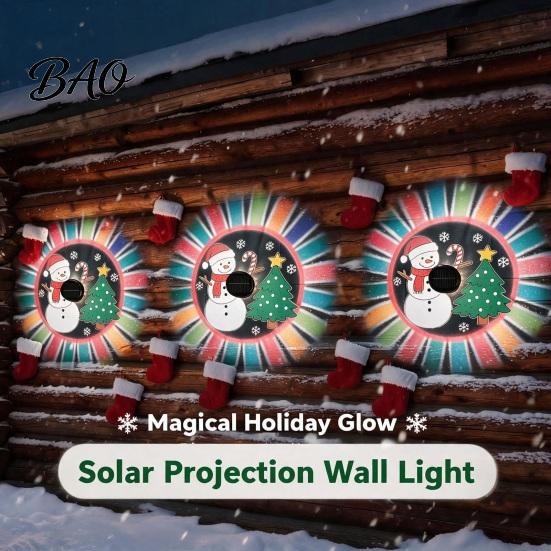 Christmas Tree Projection Lights Outdoor Solar Fence Light, Waterproof Cute Snowman Xmas Decorative Hollow Metal Lamps Projector Wall Light for Garden