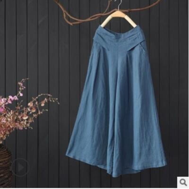 Hohe Taille Baumwolle Leinen Damen Hose Neun Punkte Weites Bein Hose Rock Marke Bule Herbst Pendeln Sle Einfarbige