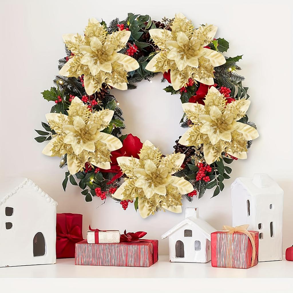 20 Stück/Set Glänzende Weihnachtsbaumdekorationen:Künstliche Weihnachtssterne mit Clips, Bougainvillea-Ornamente für Weihnachten