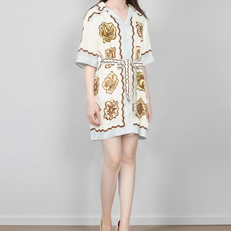 2026 Womens Printed Wrap Tie Neck A-Line Mini Dress High Waist Short Sleeve Elegant Office Casual