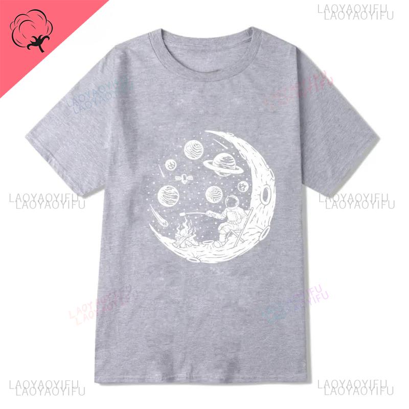 Funny Astronaut Moon Barbecue Print Unique Casual Loose Cool Men Oneck Streetwear Harajuku Allmatch Aesthetic Tshirt Tops