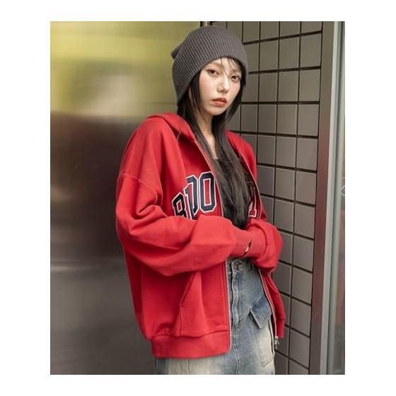 [Wego] Zip Parka Graphic BIG ZIP Hoodie Sweatshirt Outerwear Clothes Autumn Clothes Winter Clothes Street Casual Gift School Ladies