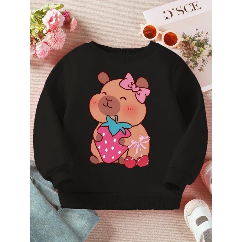 Kids Crewneck Sweatshirt, Cartoon Bear Strawberry Cherry Print Cute Sweet Casual Long Sleeve Top 110