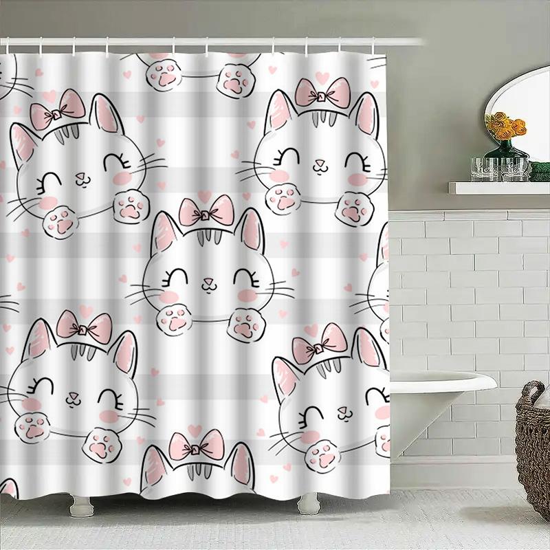 Adorable Kitten Shower Curtain Pink Bow Tails Design for Bathroom Decor White Waterproof Fabric Perfect Gift Idea for Cat Lovers
