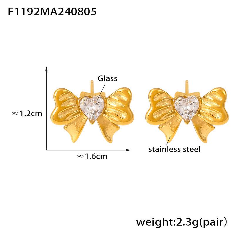 Gold-Plated Zircon Heart Stud Earrings with Pleated Bow Design