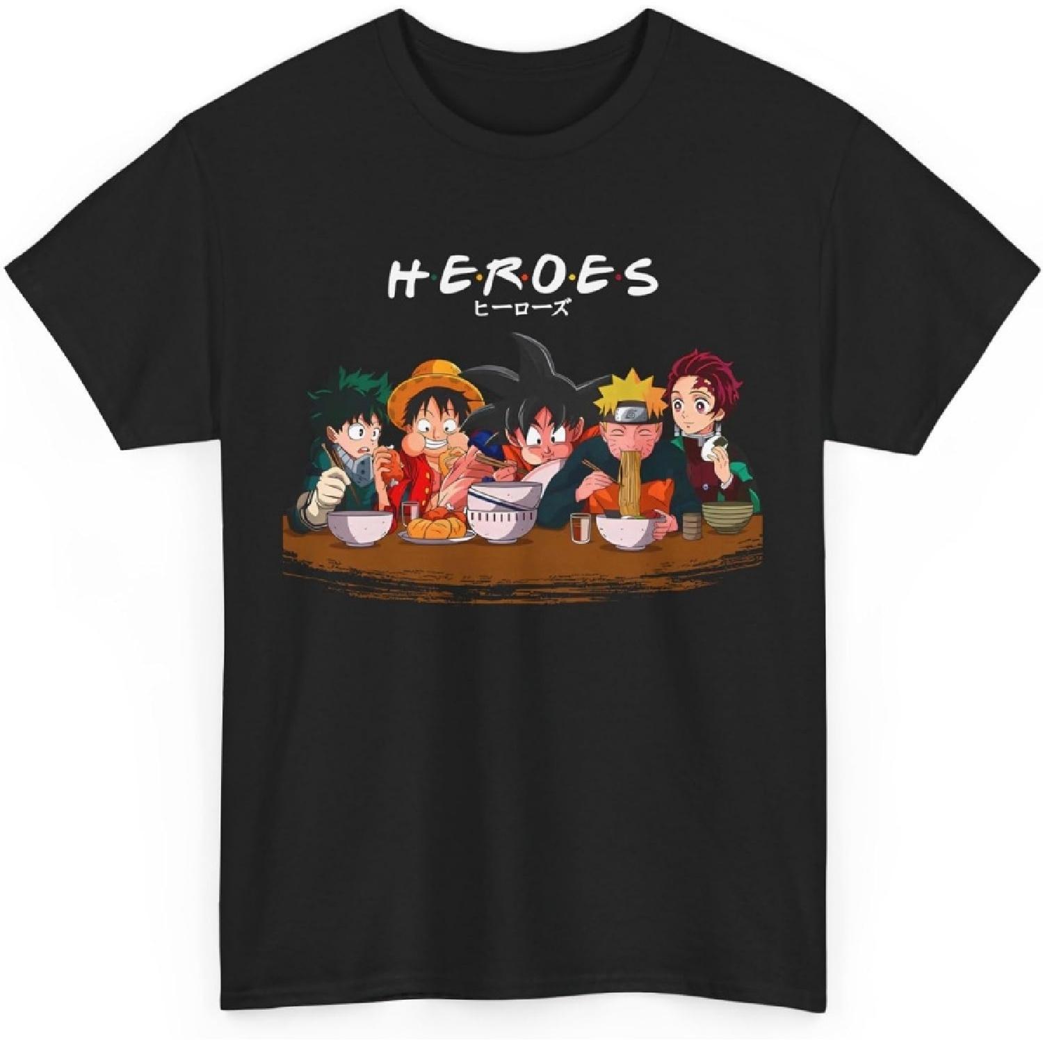Anime Heros Noodle Heroes Tee – Parody Ramen Squad Graphic Shirt for Fans S