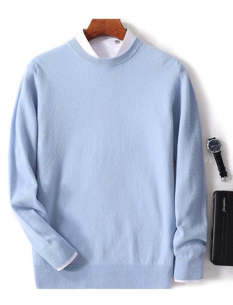 Men's 100% Wool Round Neck Long Sleeve Knit Pullover - Autumn/Winter Solid Color Base Layer