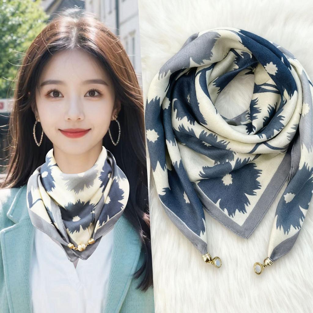 Magnetic buckle cotton and linen small square scarf silk scarf women's spring and autumn versatile neck protection scarf triangular scarf new warm sca