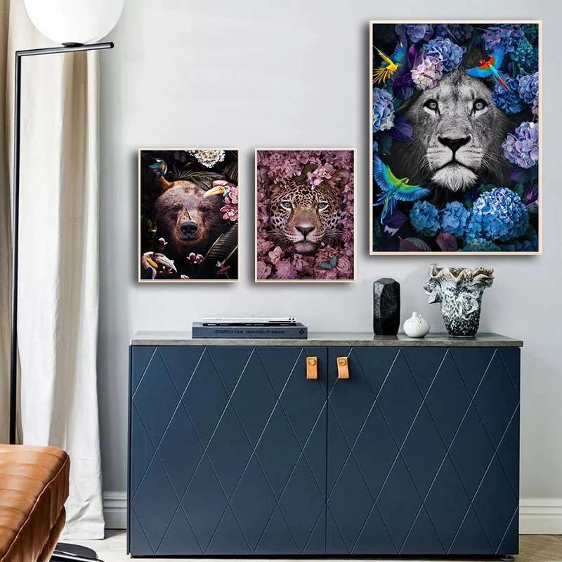 Flower with Animal Lion Tiger Deer Leopard Canvas Painting Wall Art Picture Nordic Print Poster for Living Room Home Decor No Frame