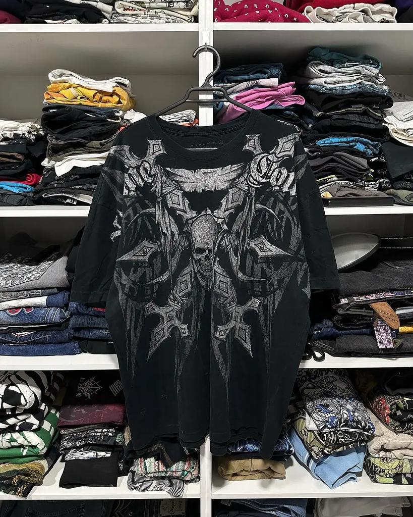 Y2K Style Gothic Affliction Distressed Cotton Shirt Oversized Punk Graphic Print Washed Soft Round Neck Tee Retro Short sleeve