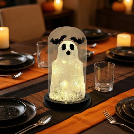 Mysterious Atmosphere Night Light Halloween Up Ghost In Dome Cloche, Cute Gothic Desktop Ornament with Bats for Home Kitchen Mantel Tabletop
