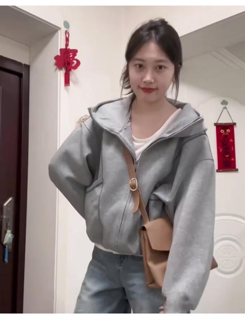 Women's Petite Gray Sweatshirt Jacket - 2025 Korean Style Autumn Winter Versatile Commuting Outfit