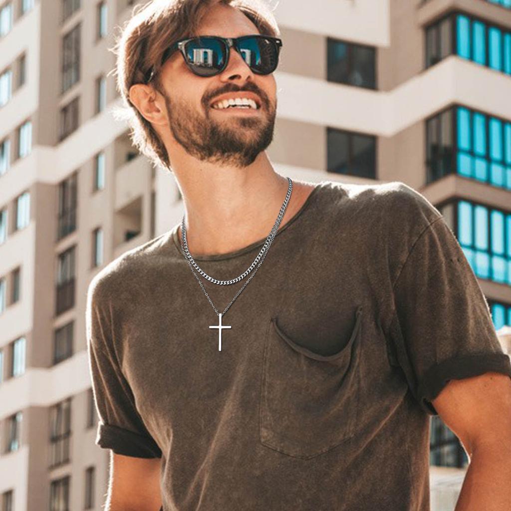 Men Double Layered Chain Cross Charm Pendant Necklace, Stainless Steel Stacking Set Choker Collar Gifts To Him