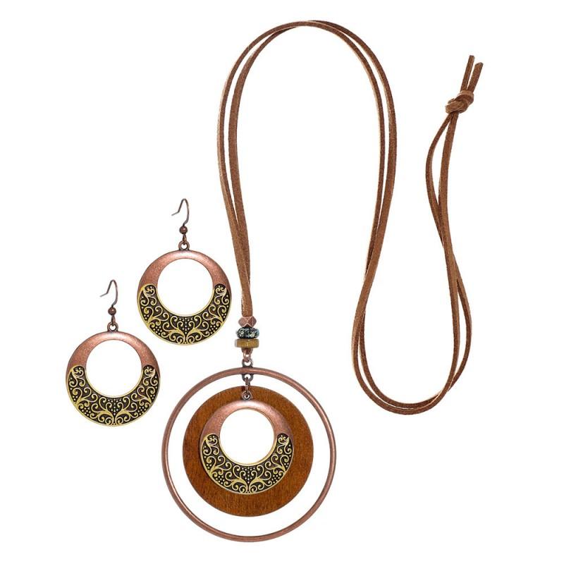 

Exquisite Ethnic Carved Round Pendant Earrings Necklaces for Women Vintage Classic Simple Leather Chain Necklace Female Jewelry