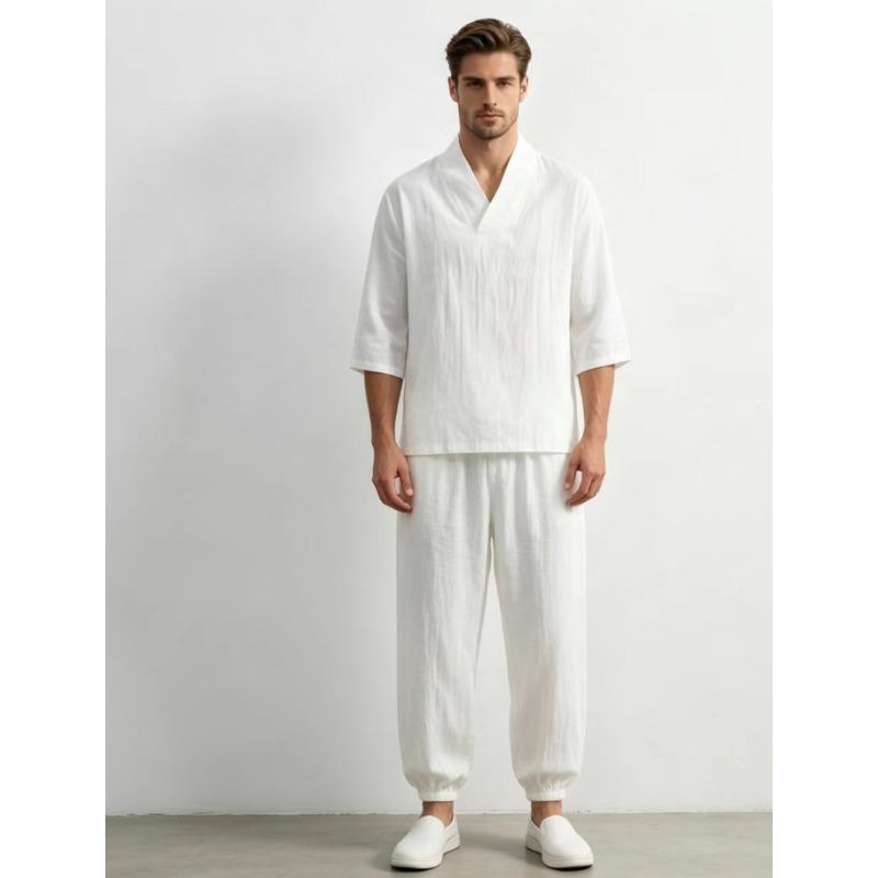 

Mens White Cotton Linen V Neck 2 Piece Outfit Set M белый
