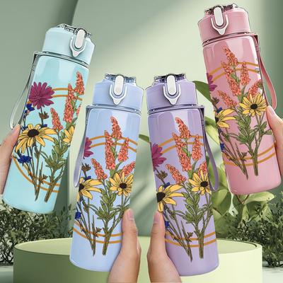 1PC Mixed Wildflower Art Retro Print 750ml Color Plastic Sports Water Bottle Leakproof Flip Straw Lid Suitable for Sports Office Home Use