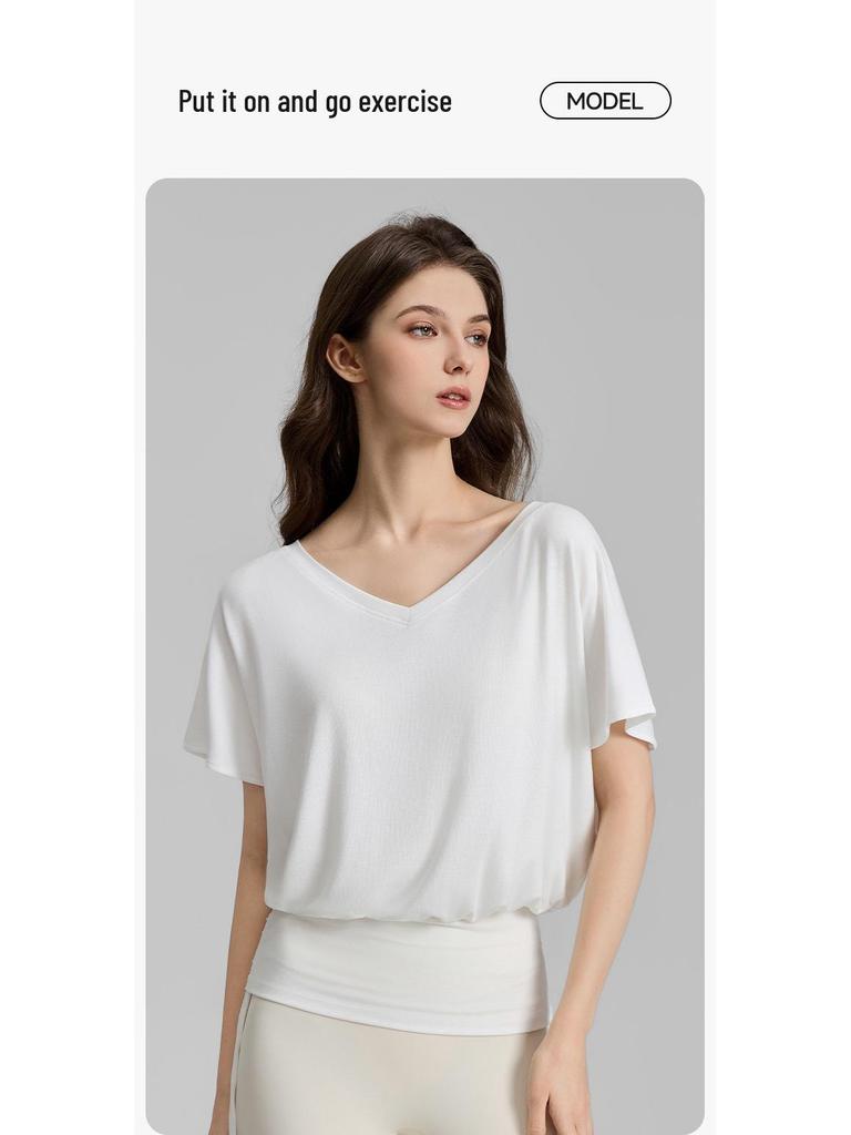 Women's V-neck Batwing Yoga T-shirt: Loose, Short Sleeve, Drawstring, Lazy Style for Spring/Summer 2026.