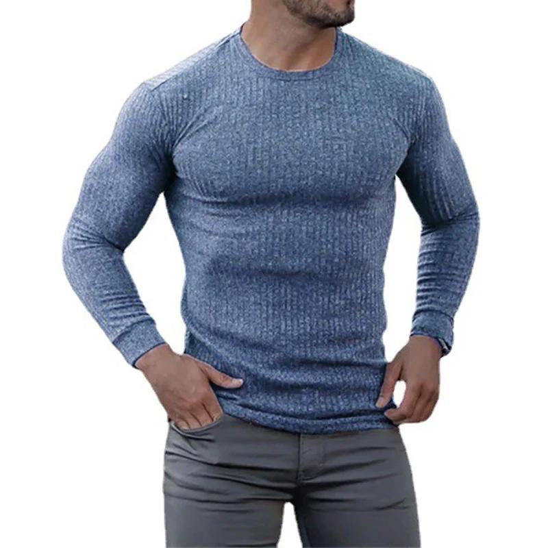Muscleguys Spring Autumn Knitted Sports Long Sleeved Slim Fit Round Neck Running T-shirt Mens Casual Gym Training Bodybuilding Tees Shirt