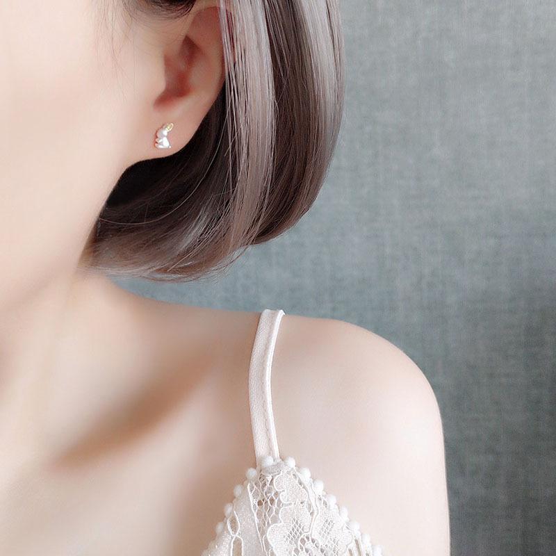 Mini Zodiac Rabbit Ear Studs, S925 Sterling Silver, White Gold-Plated