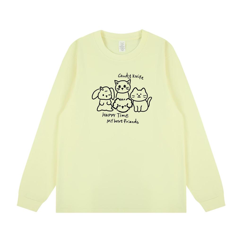 Adorable Cartoon Kitten Korean Cuffed Long Sleeve T-Shirt - Trendy Autumn/Winter Versatile Top