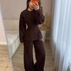 Cross-border European and American Women's Clothing  Amazon Crew Neck Long-sleeved Waist Top Sports Wide-leg Pants Casual Suit