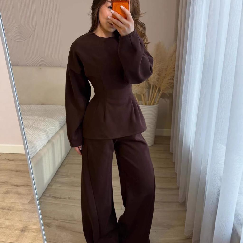 Cross-border European and American Women's Clothing Amazon Crew Neck Long-sleeved Waist Top Sports Wide-leg Pants Casual Suit