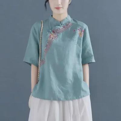 Women's Summer 2024 Cotton Linen Short-Sleeve Shirt with Retro Frog Button and Embroidery - Loose Fit, Chinese Style