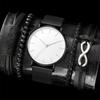 Men'S Casual Fashion Mesh Strap Simple Watch + Bracelet 4-Piece Men'S Watch Quartz Watch