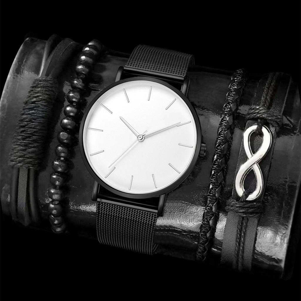 Men'S Casual Fashion Mesh Strap Simple Watch + Bracelet 4-Piece Men'S Watch Quartz Watch