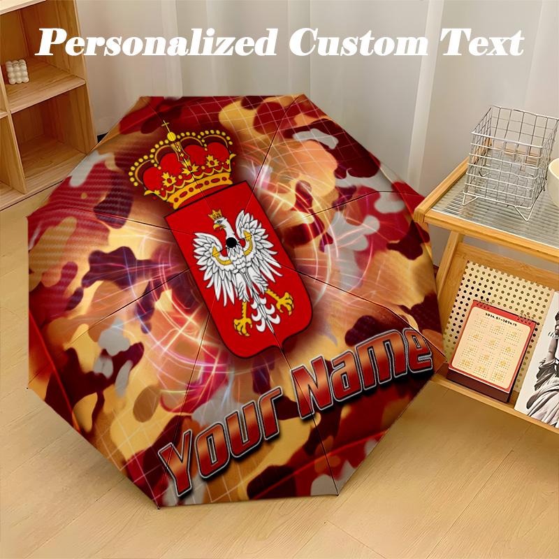 8 Rib Auto Folding Umbrella Poland Football Print Custom Name Text Portable Rain Gear